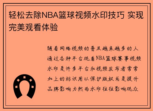 轻松去除NBA篮球视频水印技巧 实现完美观看体验