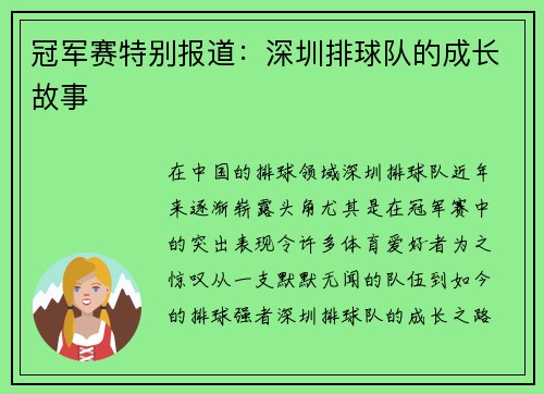 冠军赛特别报道：深圳排球队的成长故事