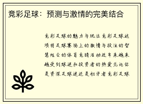 竞彩足球：预测与激情的完美结合