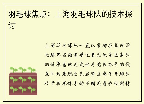 羽毛球焦点：上海羽毛球队的技术探讨