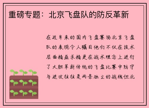 重磅专题：北京飞盘队的防反革新
